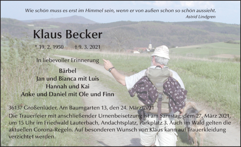  Traueranzeige für Klaus Becker vom 24.03.2021 aus FZ