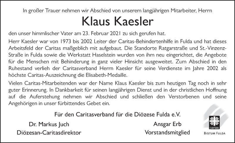  Traueranzeige für Klaus Kaesler vom 03.03.2021 aus FZ
