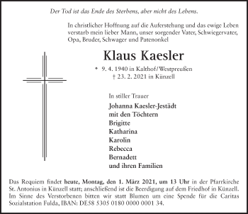 Traueranzeige von Klaus Kaesler von FZ