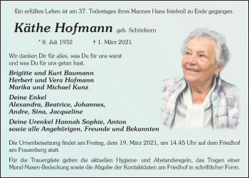 Traueranzeige von Käthe Hofmann von FZ