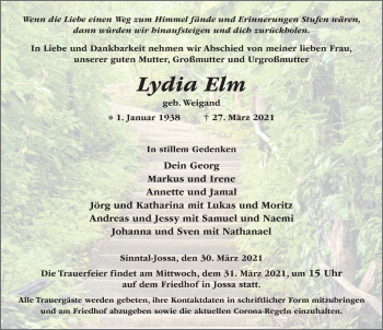 Traueranzeige von Lydia Elm von FZ