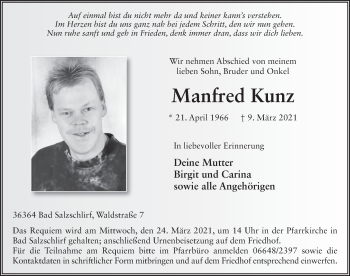 Traueranzeige von Manfred Kunz von FZ