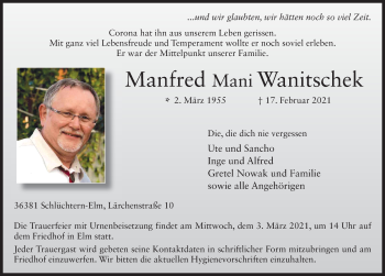 Traueranzeige von Manfred Wanitschek von FZ