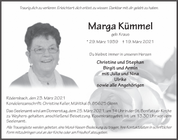 Traueranzeige von Marga Kümmel von FZ