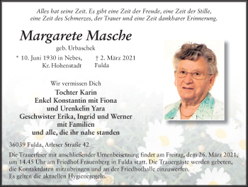 Traueranzeige von Margarete Masche von FZ