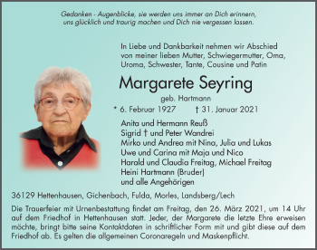 Traueranzeige von Margarete Seyring von FZ
