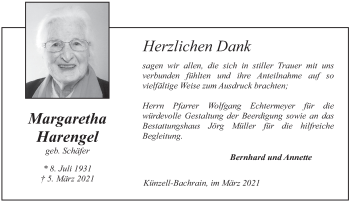 Traueranzeige von Margaretha Harengel von FZ
