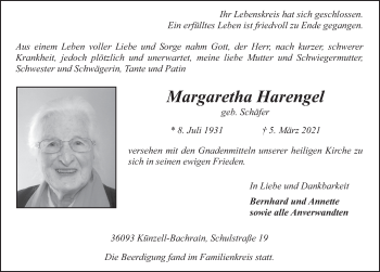 Traueranzeige von Margaretha Harengel von FZ
