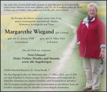 Traueranzeige von Margarethe Wiegand von FZ