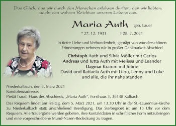 Traueranzeige von Maria Auth von FZ
