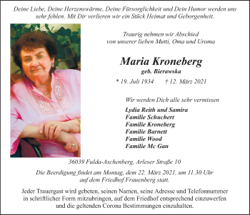Traueranzeige von Maria Kroneberg von FZ