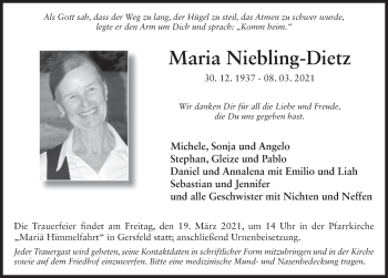 Traueranzeige von Maria Niebling-Dietz von FZ