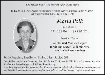 Traueranzeige von Maria Polk von FZ