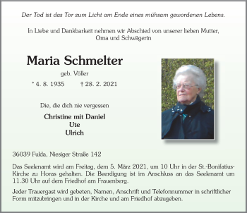 Traueranzeige von Maria Schmelter von FZ