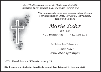 Traueranzeige von Maria Söder von FZ