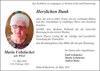 Traueranzeige von Maria Uebelacker von FZ