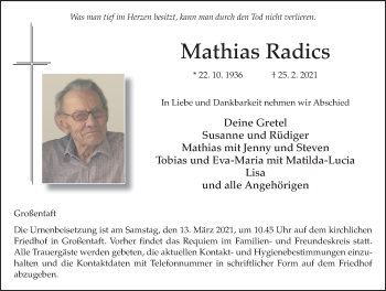 Traueranzeige von Mathias Radics von FZ
