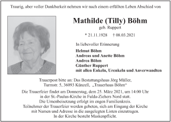 Traueranzeige von Mathilde Böhm von FZ