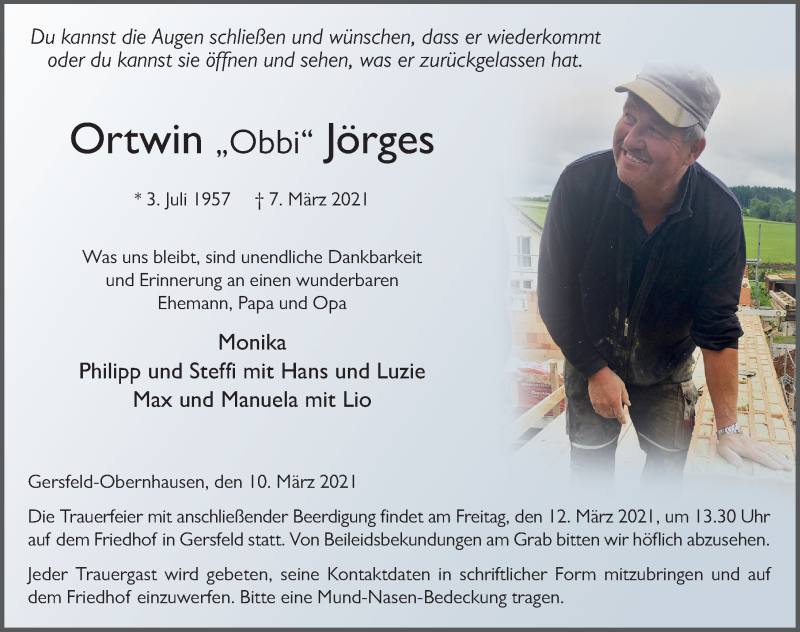  Traueranzeige für Ortwin Jörges vom 10.03.2021 aus FZ