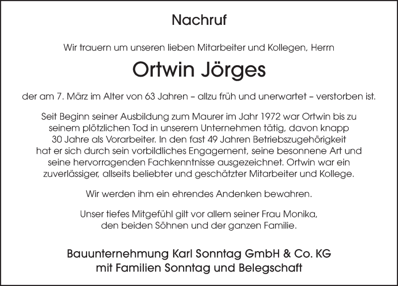  Traueranzeige für Ortwin Jörges vom 10.03.2021 aus FZ