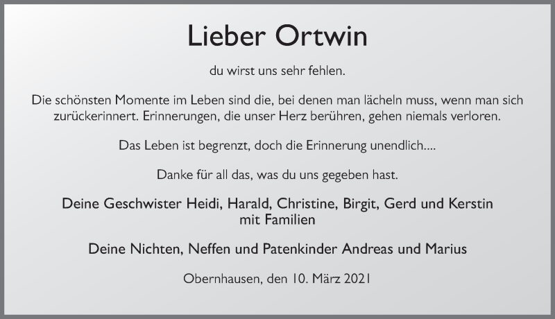  Traueranzeige für Ortwin Jörges vom 10.03.2021 aus FZ