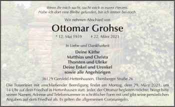 Traueranzeige von Ottomar Grohse von FZ