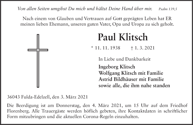  Traueranzeige für Paul Klitsch vom 03.03.2021 aus FZ
