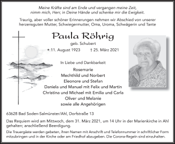 Traueranzeige von Paula Röhrig von FZ