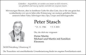Traueranzeige von Peter Stasch von FZ