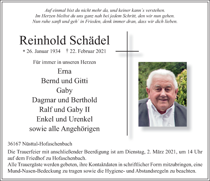  Traueranzeige für Reinhold Schädel vom 27.02.2021 aus FZ
