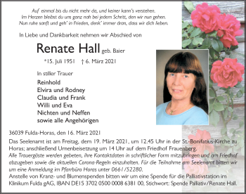 Traueranzeige von Renate Hall von FZ