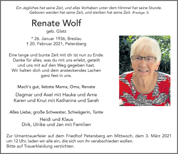 Traueranzeige von Renate Wolf von FZ