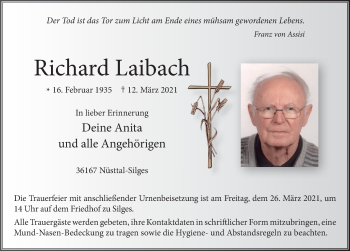 Traueranzeige von Richard Laibach von FZ