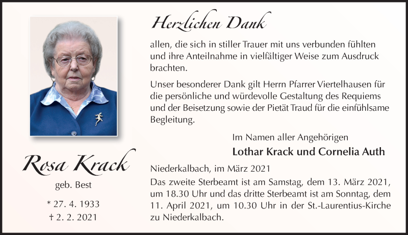  Traueranzeige für Rosa Krack vom 11.03.2021 aus FZ