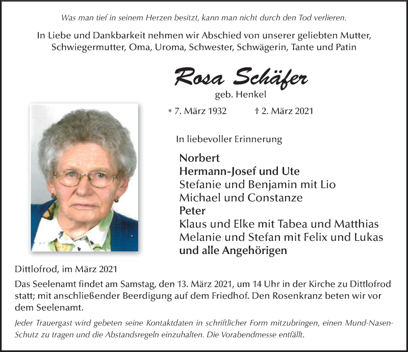  Traueranzeige für Rosa Schäfer vom 11.03.2021 aus FZ