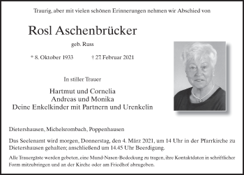 Traueranzeige von Rosl Aschenbrücker von FZ