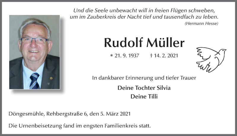  Traueranzeige für Rudolf Müller vom 05.03.2021 aus FZ