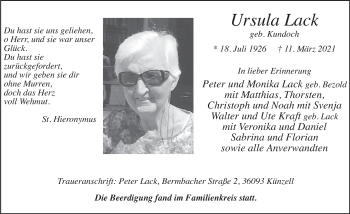 Traueranzeige von Ursula Lack von FZ