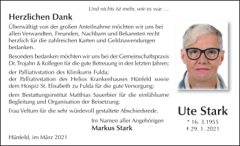 Traueranzeige von Ute Stark von FZ