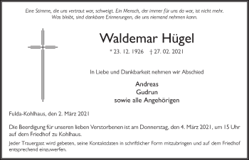 Traueranzeige von Waldemar Hügel von FZ