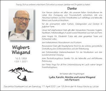 Traueranzeige von Wigbert Wiegand von FZ