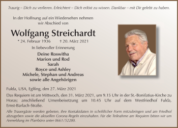 Traueranzeige von Wolfgang Streichardt von FZ