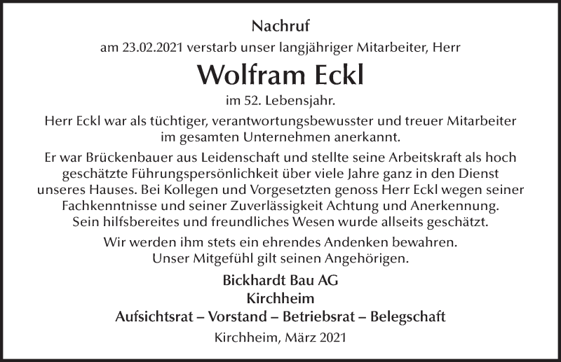  Traueranzeige für Wolfram Eckl vom 03.03.2021 aus FZ