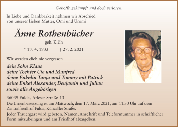 Traueranzeige von Änne Rothenbücher von FZ