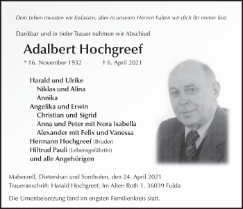 Traueranzeige von Adalbert Hochgreef von FZ