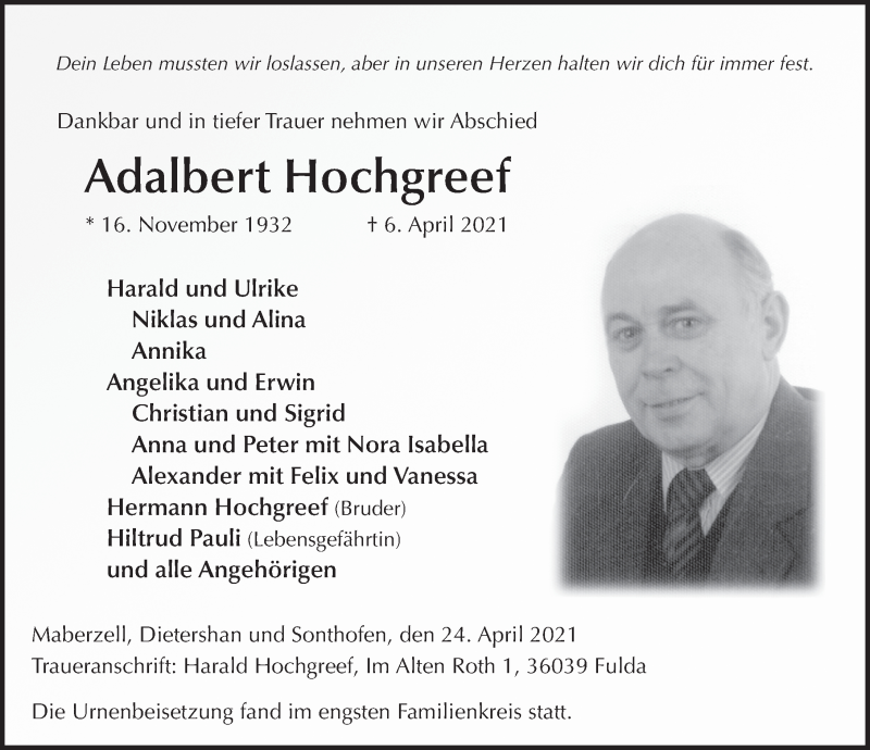  Traueranzeige für Adalbert Hochgreef vom 24.04.2021 aus FZ