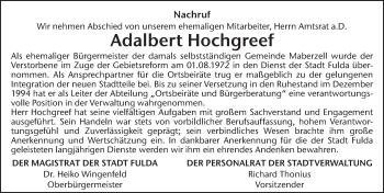 Traueranzeige von Adalbert Hochgreef von FZ