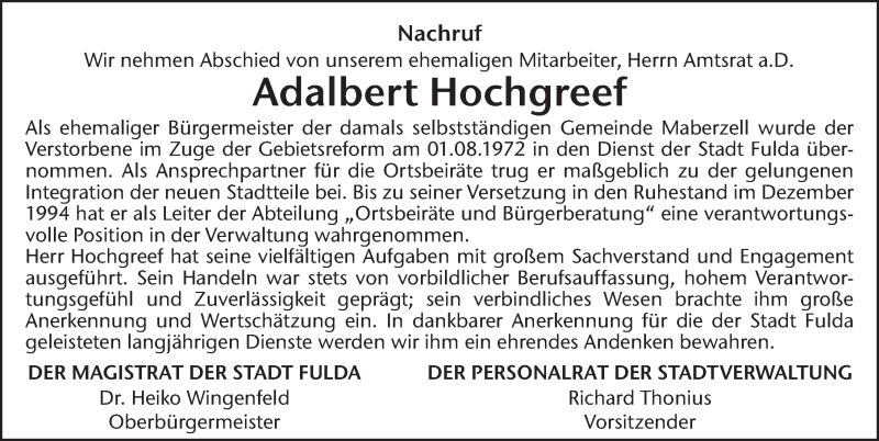  Traueranzeige für Adalbert Hochgreef vom 24.04.2021 aus FZ