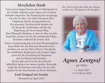 Traueranzeige von Agnes Zentgraf von FZ
