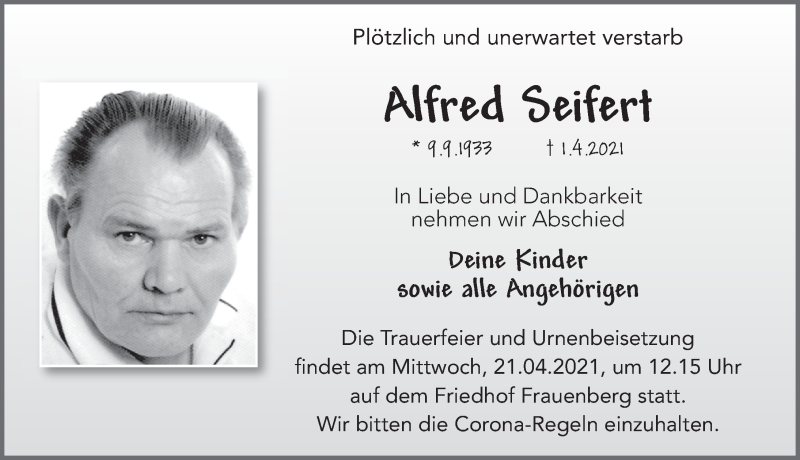  Traueranzeige für Alfred Seifert vom 17.04.2021 aus FZ
